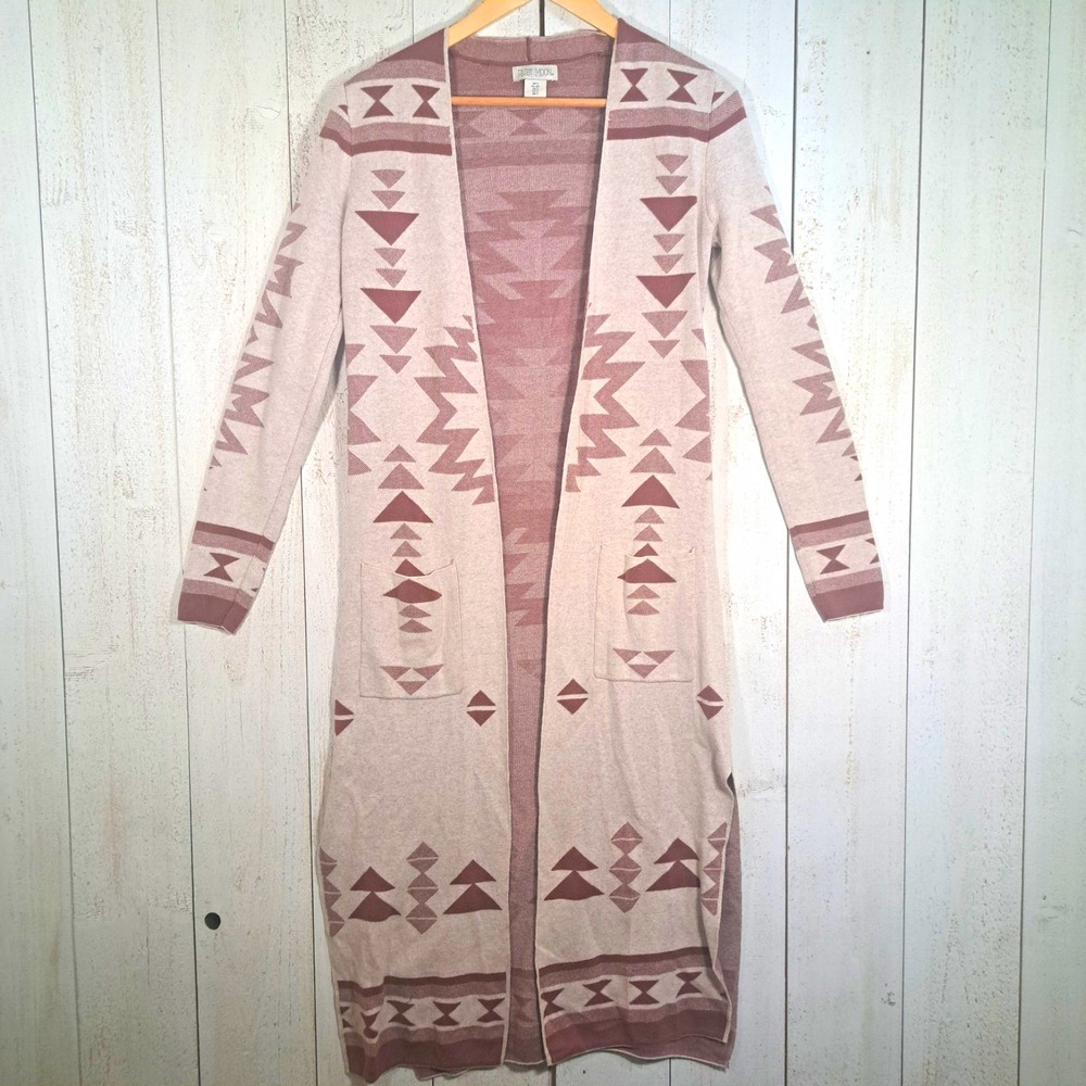 Ruby Moon Boho Western Aztec Tribal Open Front Knit Cardigan Pocket Cotton Small